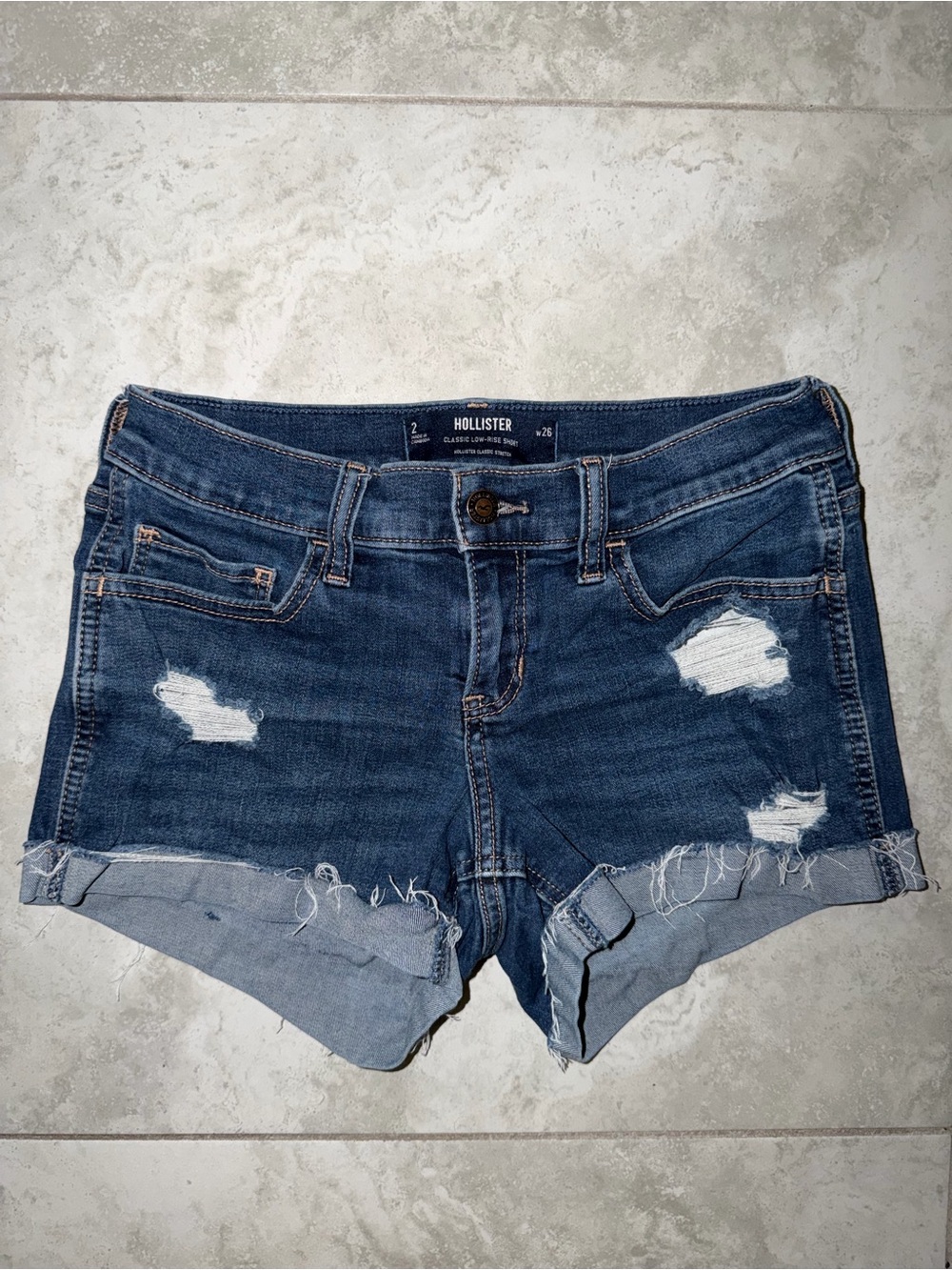 Hollister Low Rise Dark Blue Distressed Denim Shorts